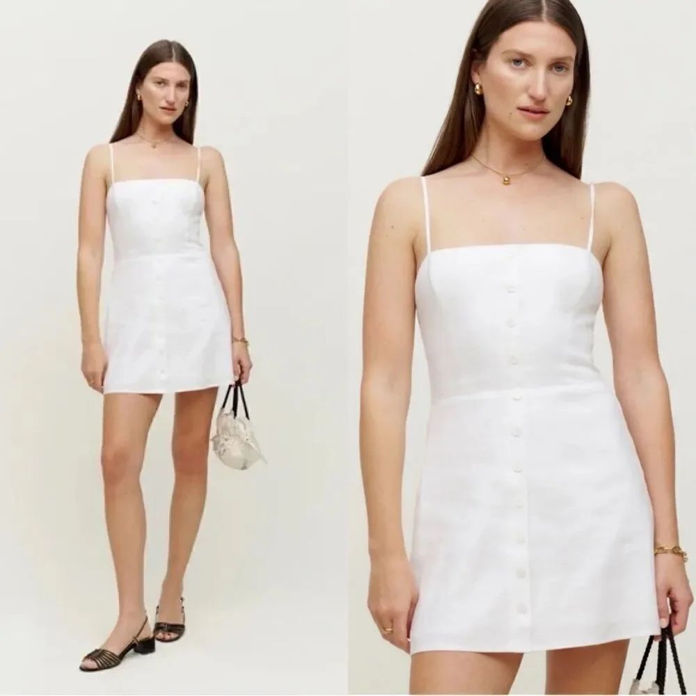 REFORMATION Huckleberry Linen Button Front Mini Dress in White